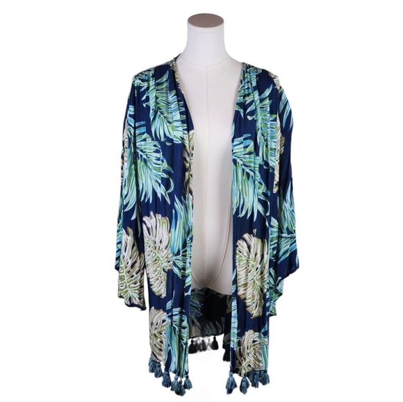 Time for Me Tropical Leaf Kimono Tassel Cover Up 2X Navy Green Viscose - Picture 1 of 8